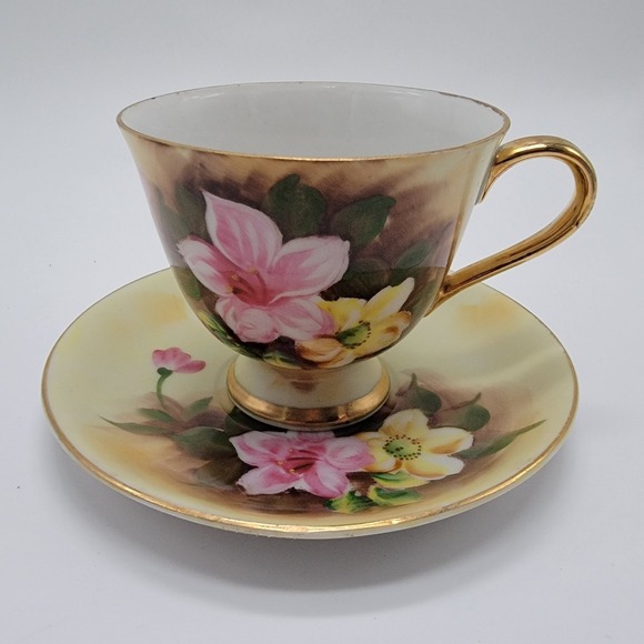 Enesco Other - Vtg Enesco Floral Pedestal Cup & Saucer Set Gold Trim Accents Hand Painted E1432